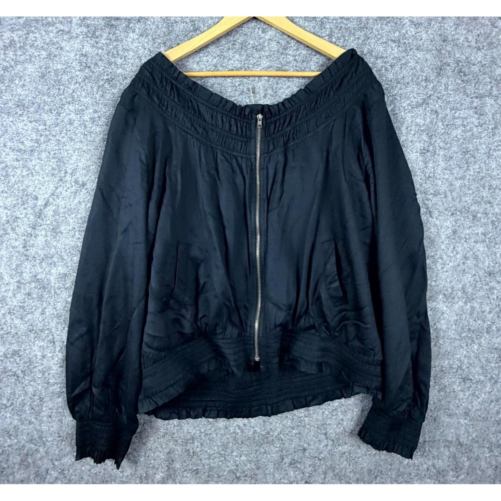 Love Stitch Jacket Womens Large Black Lined Slouchy Full Zipper Off The Shoulder